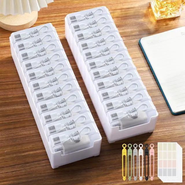 Main image of 2 Pack Cable Organizer Storage Box with Wire Ties, Desktop Charger Cord Storage Organizer Box, Charger Organizer with Clear Cases Stickers for Office Home Storage Stationery Supplies, Large