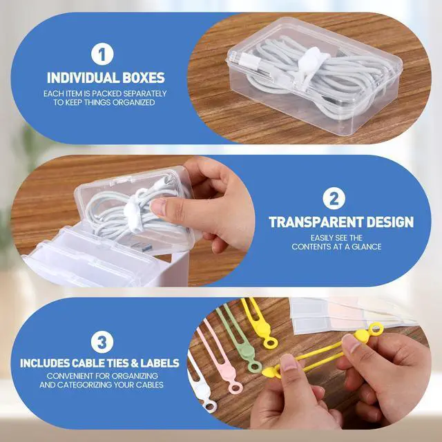 Alt view image 3 of 7 - 2 Pack Cable Organizer Storage Box with Wire Ties, Desktop Charger Cord Storage Organizer Box, Charger Organizer with Clear Cases Stickers for Office Home Storage Stationery Supplies, Large