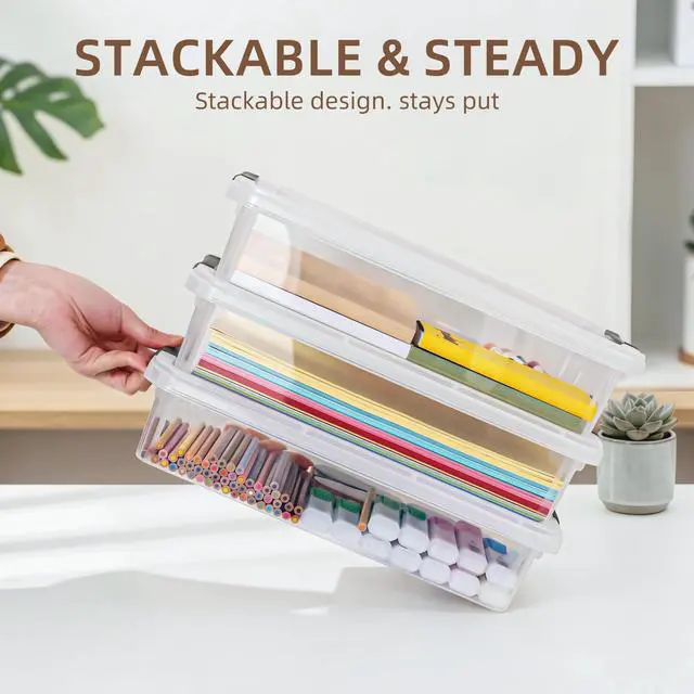 Alt view image 5 of 7 - 3 PCS Plastic Storage Bins with Latching Lids Portable Project Case Clear File Box Stackable Storage Containers for Organizing A4 Paper, Photo, Document, Scrapbook