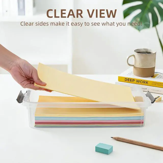 Alt view image 3 of 7 - 3 PCS Plastic Storage Bins with Latching Lids Portable Project Case Clear File Box Stackable Storage Containers for Organizing A4 Paper, Photo, Document, Scrapbook