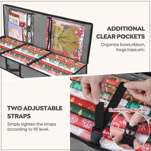 Alt view image 2 of 7 - Soft Christmas Wrapping Paper Storage Bag, 40" Durable PE Gift Wrap Storage Bag with Flexible Partitions and Pockets for Ribbon, Accessories (Grey)