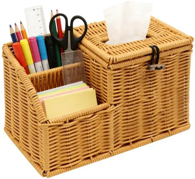 Main image of Square Tissue Box Cover with Storage, Multifunction Cube Tissue Box Holder, Farmhouse Wicker Remote Control Nightstand Organizer Caddy for Bathroom, Home, Office Decor, Kitchen Countertop