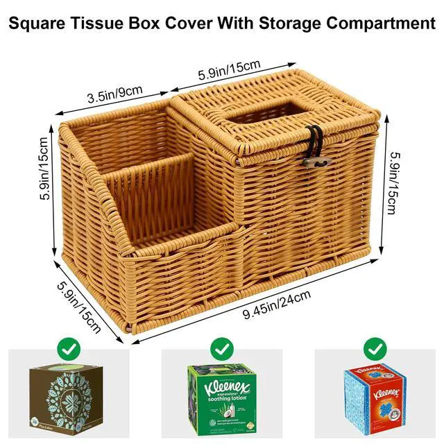 Alt view image 2 of 7 - Square Tissue Box Cover with Storage, Multifunction Cube Tissue Box Holder, Farmhouse Wicker Remote Control Nightstand Organizer Caddy for Bathroom, Home, Office Decor, Kitchen Countertop