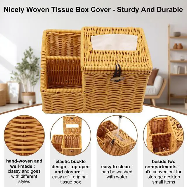 Alt view image 3 of 7 - Square Tissue Box Cover with Storage, Multifunction Cube Tissue Box Holder, Farmhouse Wicker Remote Control Nightstand Organizer Caddy for Bathroom, Home, Office Decor, Kitchen Countertop