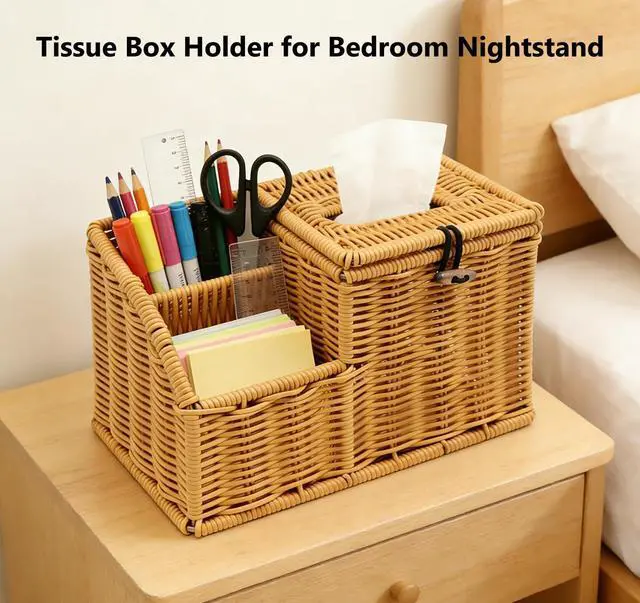 Alt view image 4 of 7 - Square Tissue Box Cover with Storage, Multifunction Cube Tissue Box Holder, Farmhouse Wicker Remote Control Nightstand Organizer Caddy for Bathroom, Home, Office Decor, Kitchen Countertop