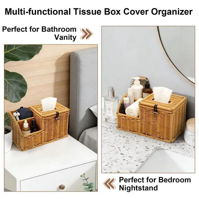 Alt view image 5 of 7 - Square Tissue Box Cover with Storage, Multifunction Cube Tissue Box Holder, Farmhouse Wicker Remote Control Nightstand Organizer Caddy for Bathroom, Home, Office Decor, Kitchen Countertop