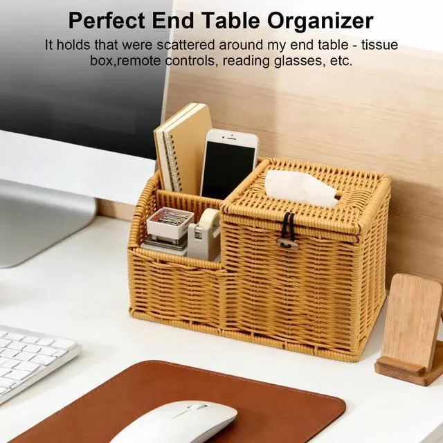Alt view image 6 of 7 - Square Tissue Box Cover with Storage, Multifunction Cube Tissue Box Holder, Farmhouse Wicker Remote Control Nightstand Organizer Caddy for Bathroom, Home, Office Decor, Kitchen Countertop