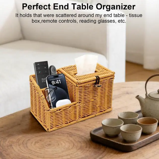 Alt view image 7 of 7 - Square Tissue Box Cover with Storage, Multifunction Cube Tissue Box Holder, Farmhouse Wicker Remote Control Nightstand Organizer Caddy for Bathroom, Home, Office Decor, Kitchen Countertop