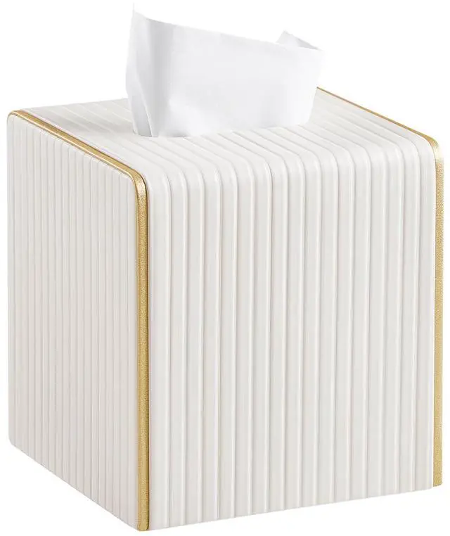 Main image of Square PU Leather Tissue Box Cover with Magnetic Closure, Decorative Tissue Holder & Storage Container for Bedroom, Living Room, Dining Room, Bathroom, Countertop, Desk & Office (White)