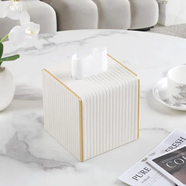 Alt view image 2 of 7 - Square PU Leather Tissue Box Cover with Magnetic Closure, Decorative Tissue Holder & Storage Container for Bedroom, Living Room, Dining Room, Bathroom, Countertop, Desk & Office (White)