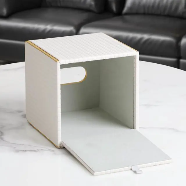 Alt view image 4 of 7 - Square PU Leather Tissue Box Cover with Magnetic Closure, Decorative Tissue Holder & Storage Container for Bedroom, Living Room, Dining Room, Bathroom, Countertop, Desk & Office (White)