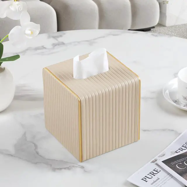 Alt view image 7 of 7 - Square PU Leather Tissue Box Cover with Magnetic Closure, Decorative Tissue Holder & Storage Container for Bedroom, Living Room, Dining Room, Bathroom, Countertop, Desk & Office (White)