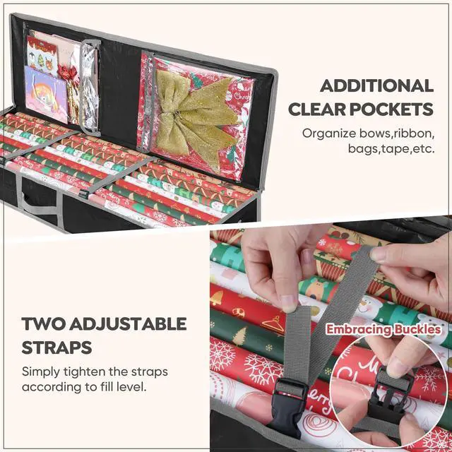 Alt view image 2 of 7 - Soft Christmas Wrapping Paper Storage Bag, 40" Durable PE Gift Wrap Storage Bag with Flexible Partitions and Pockets for Ribbon, Accessories (Black)