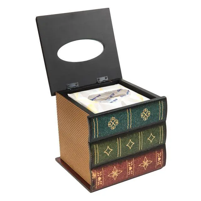 Alt view image 5 of 5 - Crafted Classical Retro Wooden Antique Book Tissue Box Cover Square Tissue Holder Dispenser Paper Cover Case Napkin Holder Home Decor for Bathroom Living Room Office car Kitchen (Green)
