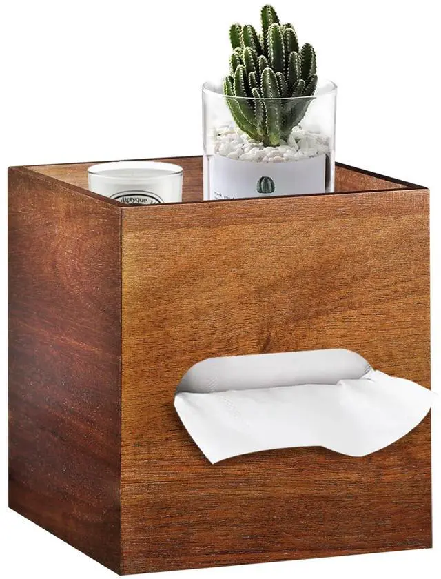 Main image of Square Tissue Box Cover with Storage Tray, Acacia Wood Tissue Box Holder for Desktop Nightstand Bathroom Office, Decorative Facial Tissue Cube Box Cover/Organizer for Modern Home Decor