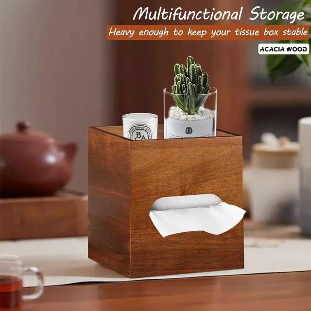 Alt view image 2 of 7 - Square Tissue Box Cover with Storage Tray, Acacia Wood Tissue Box Holder for Desktop Nightstand Bathroom Office, Decorative Facial Tissue Cube Box Cover/Organizer for Modern Home Decor