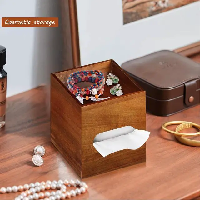 Alt view image 4 of 7 - Square Tissue Box Cover with Storage Tray, Acacia Wood Tissue Box Holder for Desktop Nightstand Bathroom Office, Decorative Facial Tissue Cube Box Cover/Organizer for Modern Home Decor