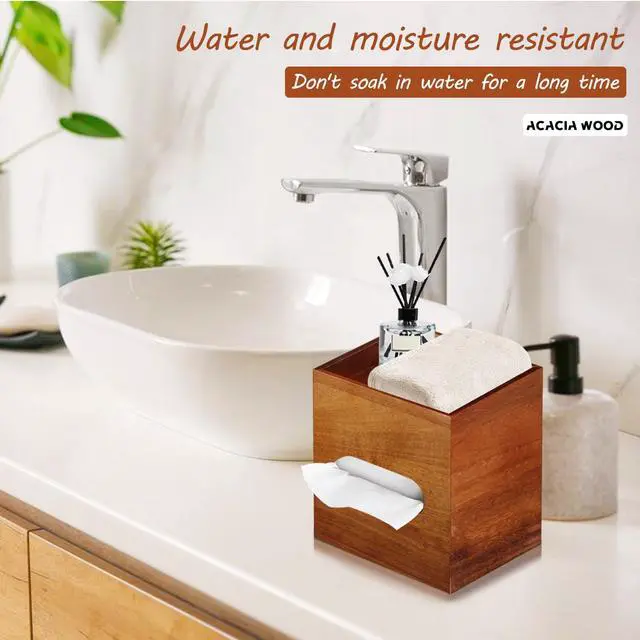 Alt view image 7 of 7 - Square Tissue Box Cover with Storage Tray, Acacia Wood Tissue Box Holder for Desktop Nightstand Bathroom Office, Decorative Facial Tissue Cube Box Cover/Organizer for Modern Home Decor