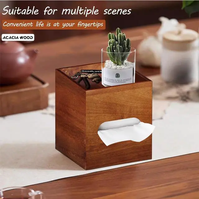 Alt view image 5 of 7 - Square Tissue Box Cover with Storage Tray, Acacia Wood Tissue Box Holder for Desktop Nightstand Bathroom Office, Decorative Facial Tissue Cube Box Cover/Organizer for Modern Home Decor