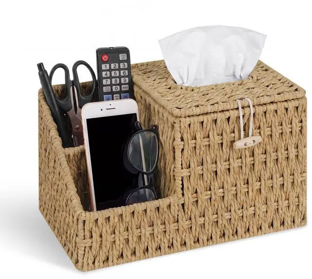 Main image of Tissue Box Cover with Storage, Wicker Paper Rope Square Tissue Box Holder