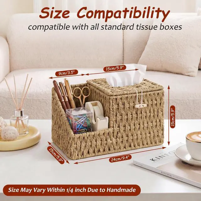 Alt view image 2 of 7 - Tissue Box Cover with Storage, Wicker Paper Rope Square Tissue Box Holder
