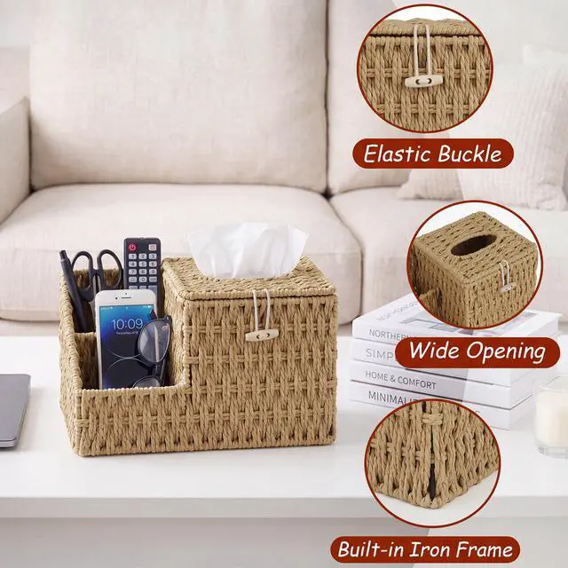 Alt view image 3 of 7 - Tissue Box Cover with Storage, Wicker Paper Rope Square Tissue Box Holder
