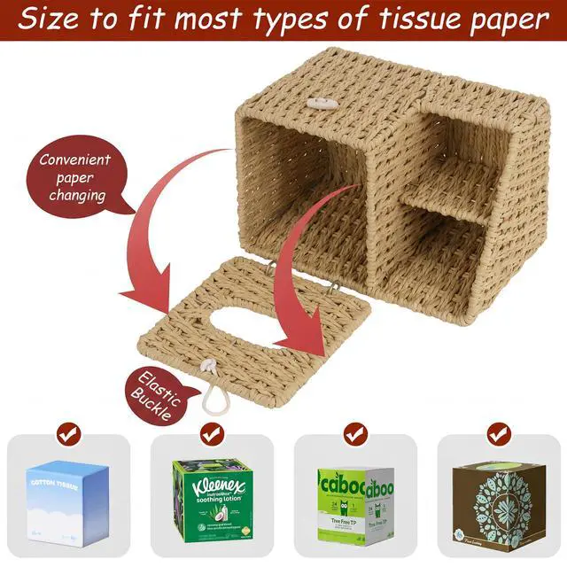 Alt view image 4 of 7 - Tissue Box Cover with Storage, Wicker Paper Rope Square Tissue Box Holder