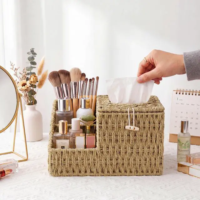 Alt view image 5 of 7 - Tissue Box Cover with Storage, Wicker Paper Rope Square Tissue Box Holder