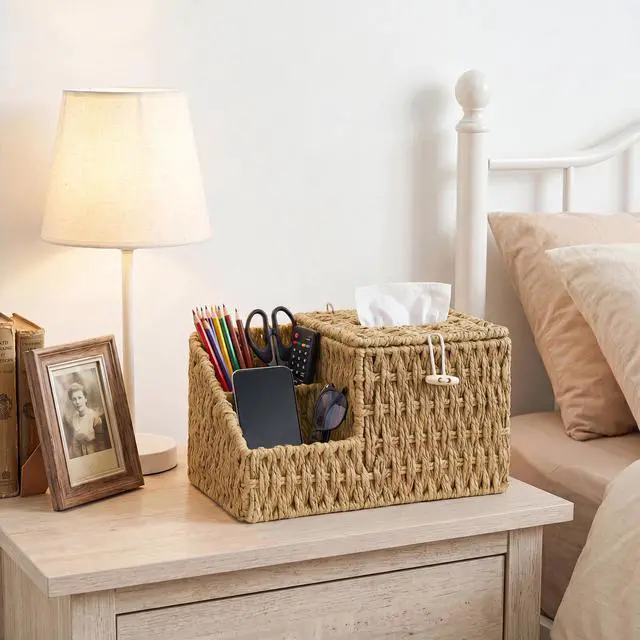 Alt view image 6 of 7 - Tissue Box Cover with Storage, Wicker Paper Rope Square Tissue Box Holder