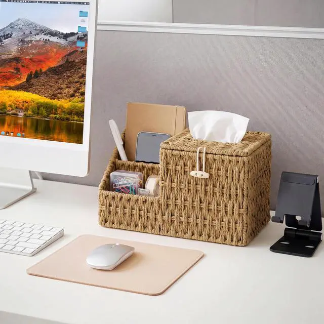 Alt view image 7 of 7 - Tissue Box Cover with Storage, Wicker Paper Rope Square Tissue Box Holder