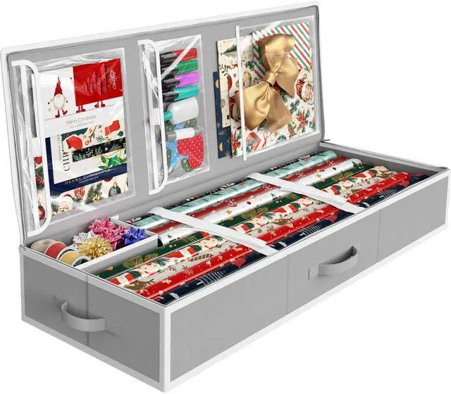Main image of 41.5" Wrapping Paper Storage Organizer - Fits 40 Rolls with Adjustable Straps, Interior Divider for Ribbons & Bows, 3 Clear Pockets for Gift Bags & Tools, 41.5''L x 16''W, Gray