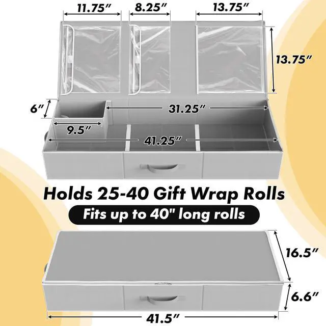 Alt view image 2 of 7 - 41.5" Wrapping Paper Storage Organizer - Fits 40 Rolls with Adjustable Straps, Interior Divider for Ribbons & Bows, 3 Clear Pockets for Gift Bags & Tools, 41.5''L x 16''W, Gray