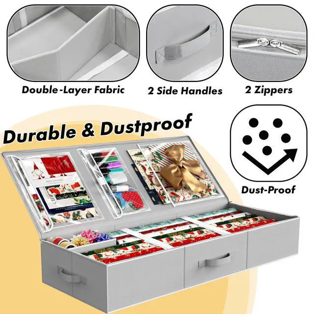 Alt view image 3 of 7 - 41.5" Wrapping Paper Storage Organizer - Fits 40 Rolls with Adjustable Straps, Interior Divider for Ribbons & Bows, 3 Clear Pockets for Gift Bags & Tools, 41.5''L x 16''W, Gray
