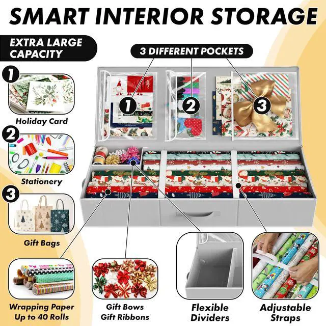Alt view image 4 of 7 - 41.5" Wrapping Paper Storage Organizer - Fits 40 Rolls with Adjustable Straps, Interior Divider for Ribbons & Bows, 3 Clear Pockets for Gift Bags & Tools, 41.5''L x 16''W, Gray