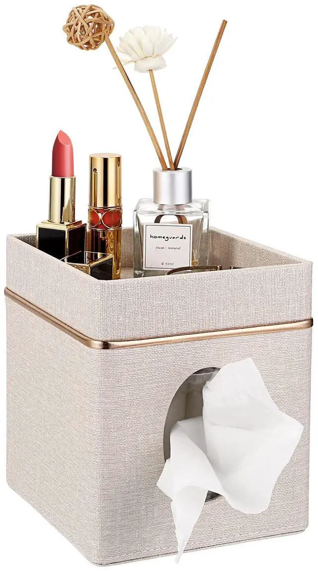 Main image of Linen Square Tissue Box Cover - Decorative Cube Tissue Box Holder with Tray, Stylish Tissue Box for Bathroom Toilet Tank Vanity Dresser Table Office Bar Restaurant, Beige