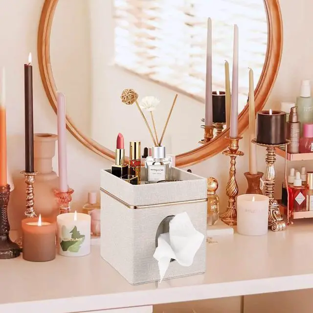 Alt view image 2 of 7 - Linen Square Tissue Box Cover - Decorative Cube Tissue Box Holder with Tray, Stylish Tissue Box for Bathroom Toilet Tank Vanity Dresser Table Office Bar Restaurant, Beige