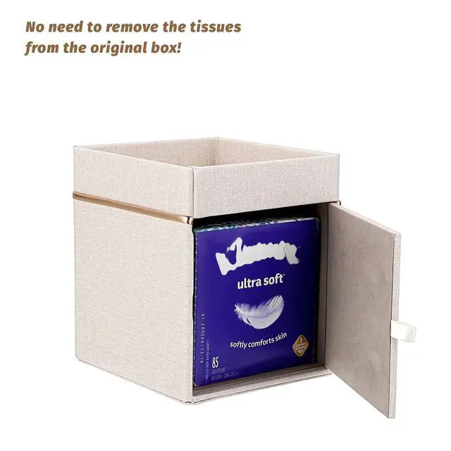 Alt view image 3 of 7 - Linen Square Tissue Box Cover - Decorative Cube Tissue Box Holder with Tray, Stylish Tissue Box for Bathroom Toilet Tank Vanity Dresser Table Office Bar Restaurant, Beige