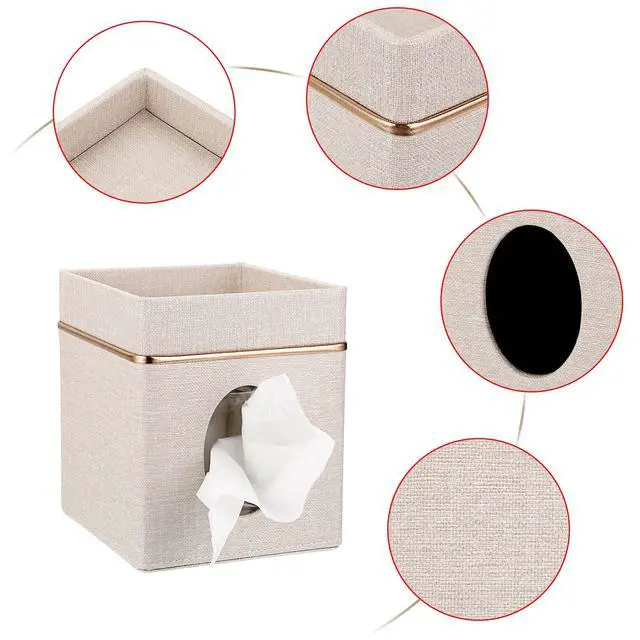 Alt view image 4 of 7 - Linen Square Tissue Box Cover - Decorative Cube Tissue Box Holder with Tray, Stylish Tissue Box for Bathroom Toilet Tank Vanity Dresser Table Office Bar Restaurant, Beige