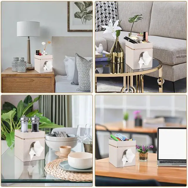 Alt view image 7 of 7 - Linen Square Tissue Box Cover - Decorative Cube Tissue Box Holder with Tray, Stylish Tissue Box for Bathroom Toilet Tank Vanity Dresser Table Office Bar Restaurant, Beige