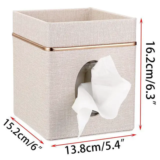 Alt view image 6 of 7 - Linen Square Tissue Box Cover - Decorative Cube Tissue Box Holder with Tray, Stylish Tissue Box for Bathroom Toilet Tank Vanity Dresser Table Office Bar Restaurant, Beige