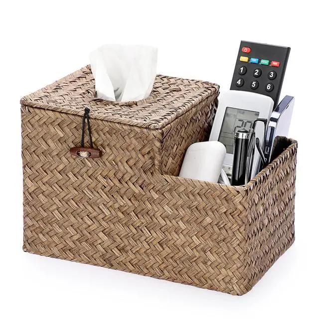 Main image of Tissue Box Cover Square Tissue Box Woven Seagrass Tissue Box Holder with Side Organizer, Rustic Tissue Holder for Living Room Bathroom Bedroom Kitchen Office Table Desk, Coffee