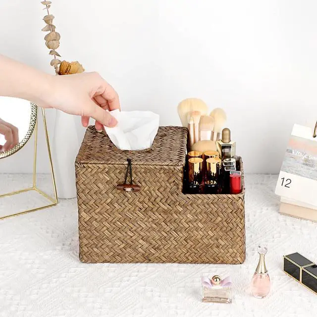 Alt view image 2 of 7 - Tissue Box Cover Square Tissue Box Woven Seagrass Tissue Box Holder with Side Organizer, Rustic Tissue Holder for Living Room Bathroom Bedroom Kitchen Office Table Desk, Coffee