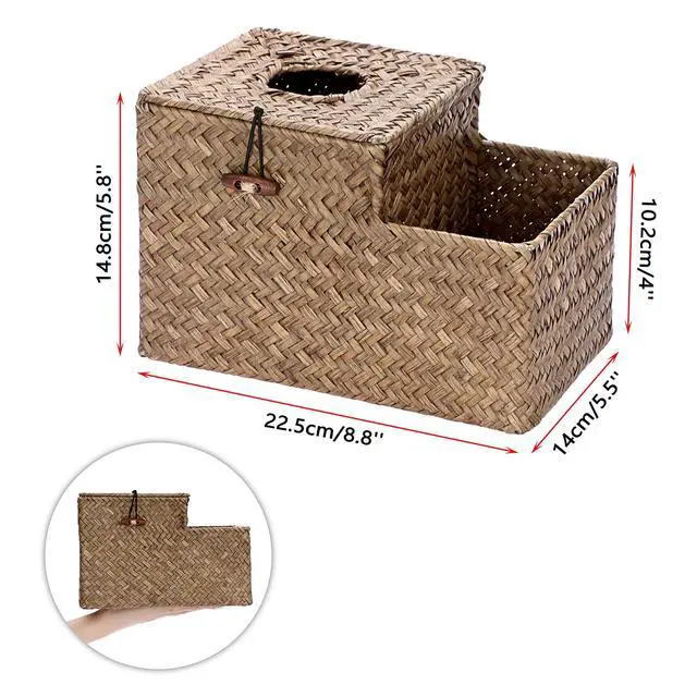 Alt view image 4 of 7 - Tissue Box Cover Square Tissue Box Woven Seagrass Tissue Box Holder with Side Organizer, Rustic Tissue Holder for Living Room Bathroom Bedroom Kitchen Office Table Desk, Coffee
