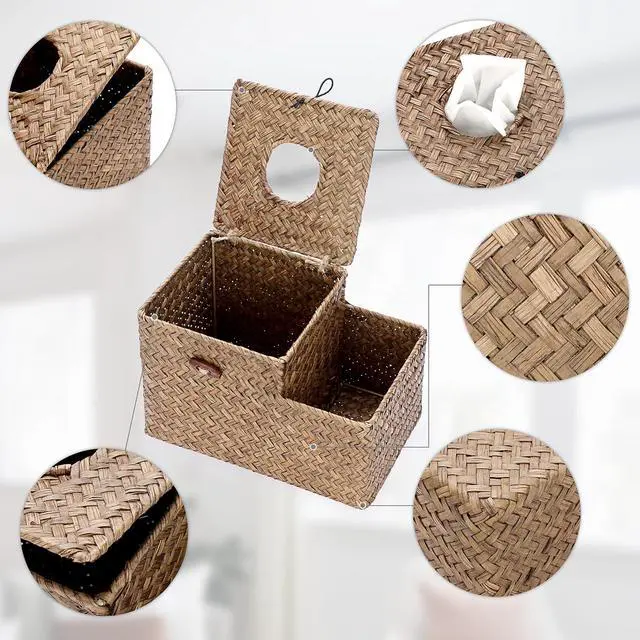 Alt view image 5 of 7 - Tissue Box Cover Square Tissue Box Woven Seagrass Tissue Box Holder with Side Organizer, Rustic Tissue Holder for Living Room Bathroom Bedroom Kitchen Office Table Desk, Coffee
