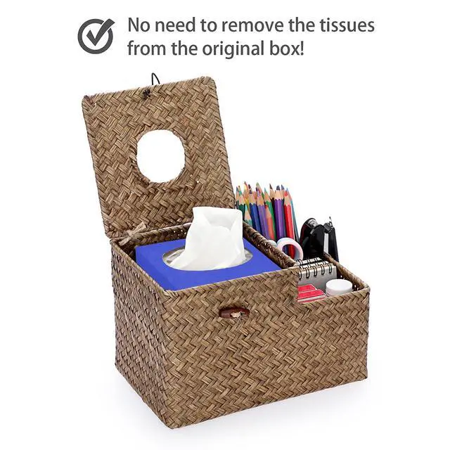 Alt view image 6 of 7 - Tissue Box Cover Square Tissue Box Woven Seagrass Tissue Box Holder with Side Organizer, Rustic Tissue Holder for Living Room Bathroom Bedroom Kitchen Office Table Desk, Coffee