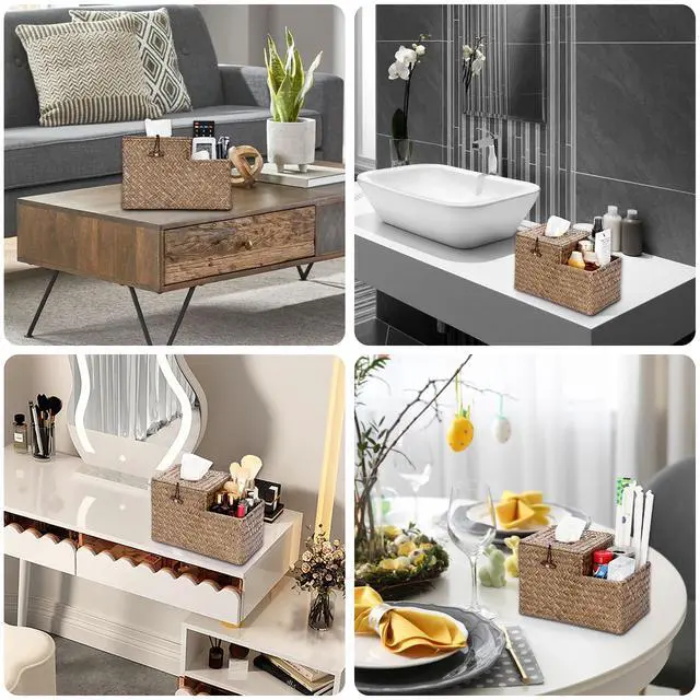 Alt view image 7 of 7 - Tissue Box Cover Square Tissue Box Woven Seagrass Tissue Box Holder with Side Organizer, Rustic Tissue Holder for Living Room Bathroom Bedroom Kitchen Office Table Desk, Coffee