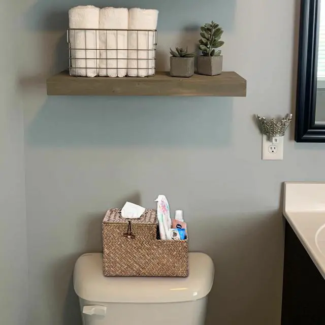 Alt view image 3 of 7 - Tissue Box Cover Square Tissue Box Woven Seagrass Tissue Box Holder with Side Organizer, Rustic Tissue Holder for Living Room Bathroom Bedroom Kitchen Office Table Desk, Coffee