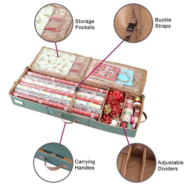 Alt view image 5 of 5 - Gift Wrapping Paper Storage containers,600D Oxford Fabric Christmas Ribbon Gift Bag Bows Storage Box,Holds up to 20 Rolls,42"W x 14"D x 5.5"H (Red)