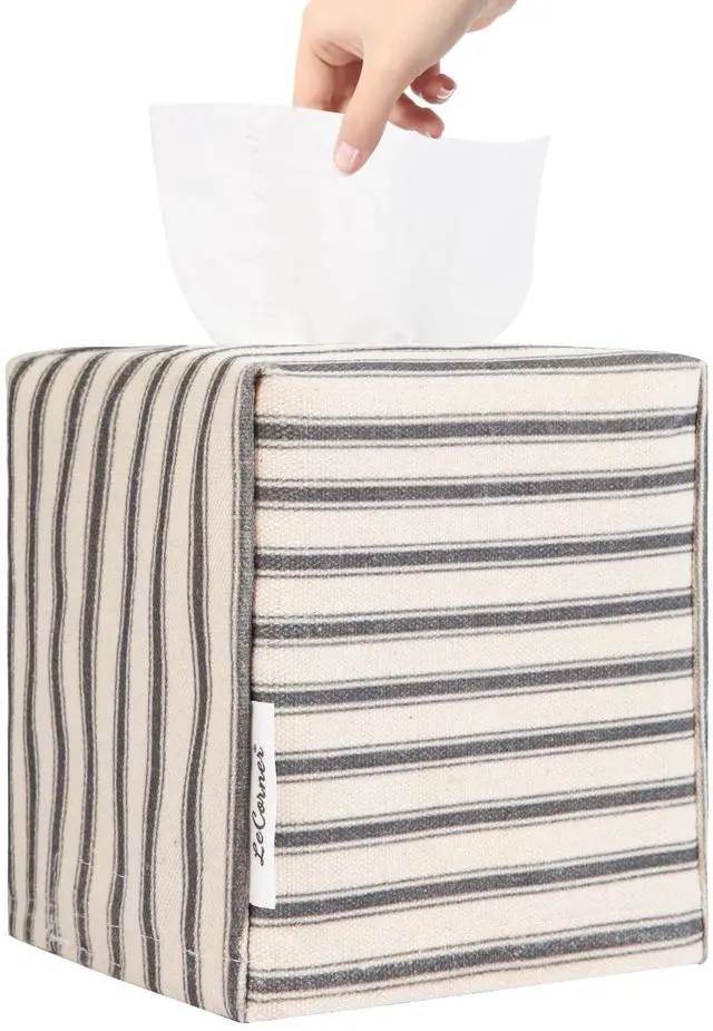 Main image of Tissue Box Cover, Fabric Tissue Box Holder Square, Stylish Toilet Paper Storage, Modern Bathroom Counter Organizer Decorations Accessories,Ticking Stripe 5''x5''x5'' (Pastel Grey)