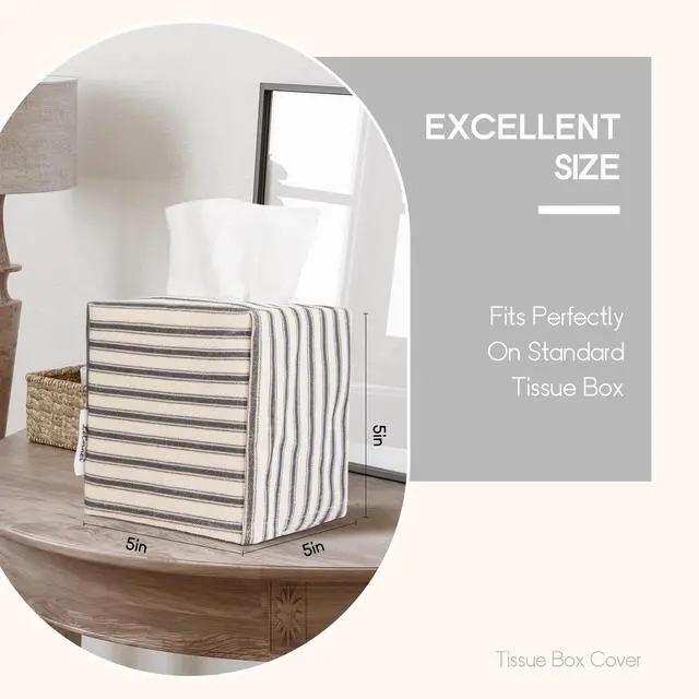 Alt view image 2 of 7 - Tissue Box Cover, Fabric Tissue Box Holder Square, Stylish Toilet Paper Storage, Modern Bathroom Counter Organizer Decorations Accessories,Ticking Stripe 5''x5''x5'' (Pastel Grey)